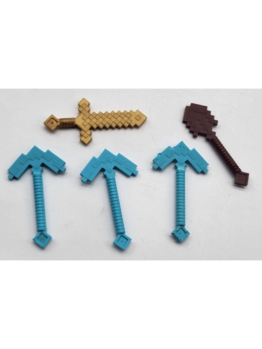 Lego Minecraft Weapons Utensils Blue Pickaxes, Brown Shovel, Gold Sword Pixel